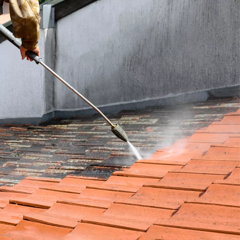 Démoussage de toiture en cours